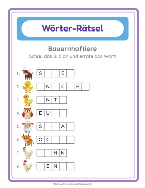 Lückenwörter schreiben – Bauernhoftiere