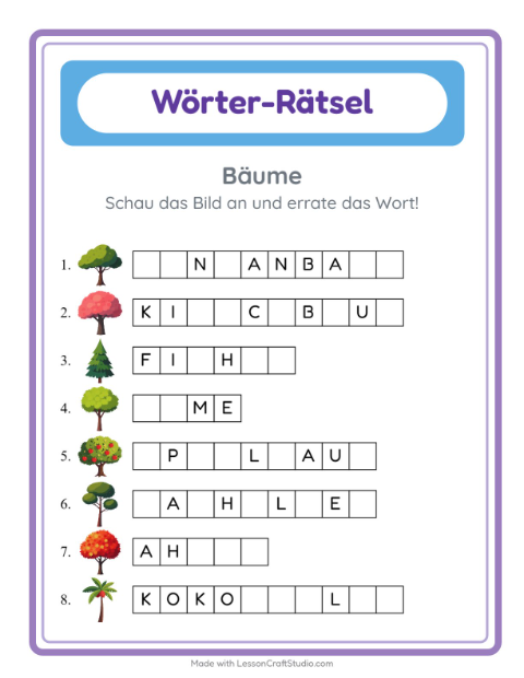 Vorschau: Wort raten-Arbeitsblatt mit Bäume für Kindergarten