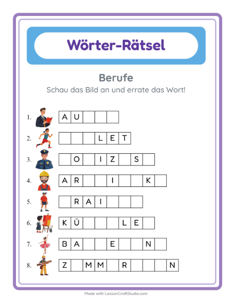 Vorschau: Wort raten-Arbeitsblatt mit Berufe für Kindergarten