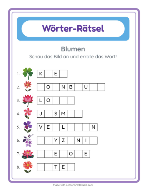 Vorschau: Wort raten-Arbeitsblatt mit Blumen für Kindergarten
