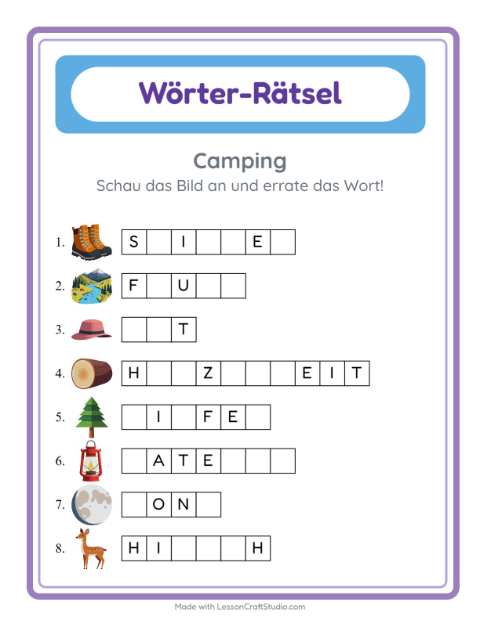 Vorschau: Wort raten-Arbeitsblatt mit Camping für Kindergarten
