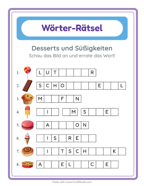 Vorschau: Wort raten-Arbeitsblatt mit Desserts und Süßigkeiten für Kindergarten