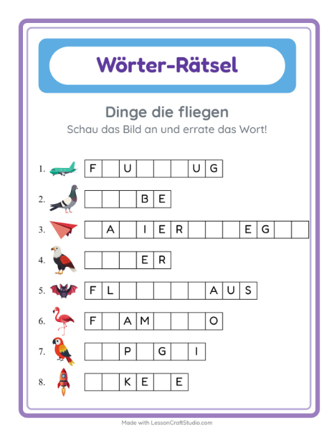 Vorschau: Wort raten-Arbeitsblatt mit Dinge die fliegen für Kindergarten