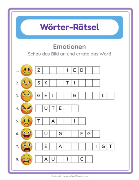 Vorschau: Wort raten-Arbeitsblatt mit Emotionen für Kindergarten