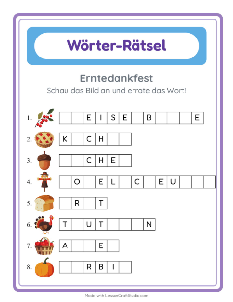 Vorschau: Wort raten-Arbeitsblatt mit Erntedankfest für Kindergarten