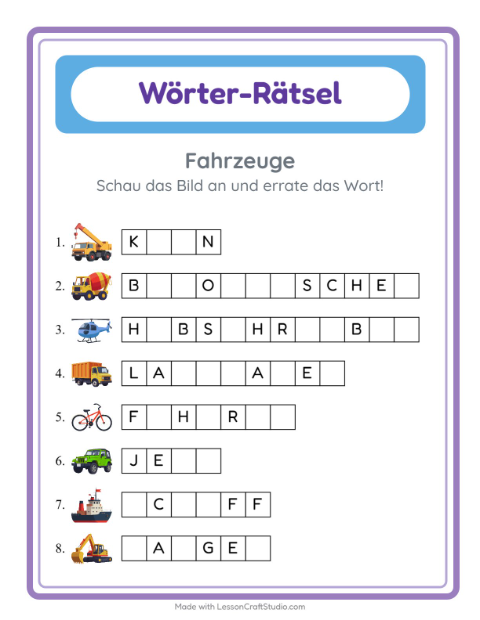 Vorschau: Wort raten-Arbeitsblatt mit Fahrzeuge für Kindergarten