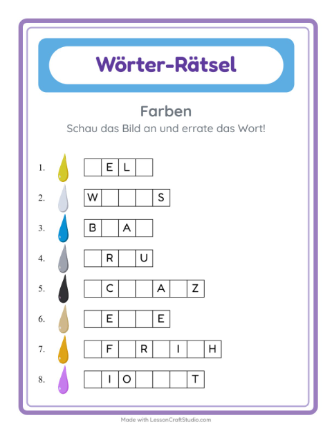 Vorschau: Wort raten-Arbeitsblatt mit Farben für Kindergarten