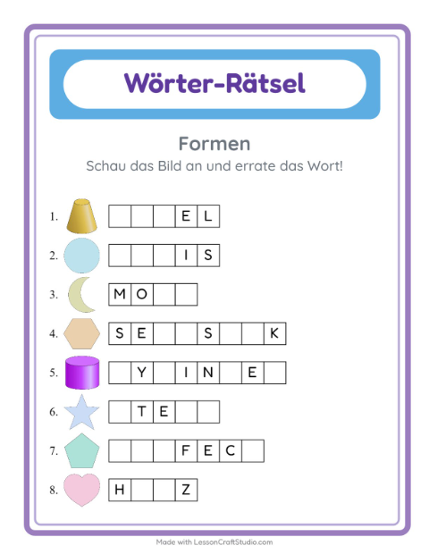 Vorschau: Wort raten-Arbeitsblatt mit Formen für Kindergarten