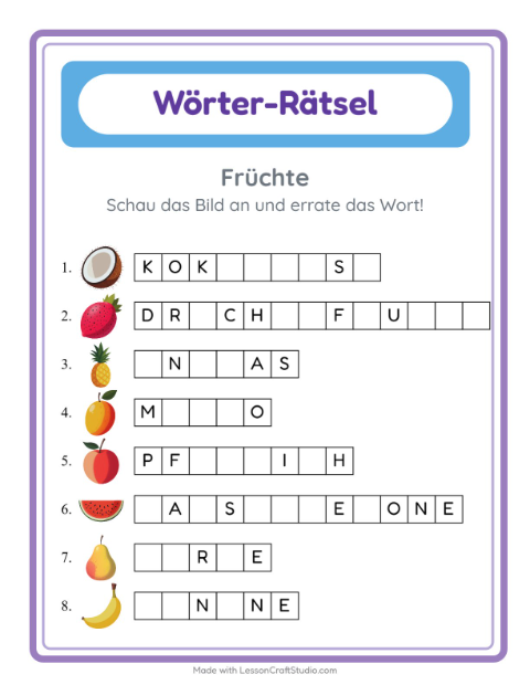 Vorschau: Wort raten-Arbeitsblatt mit Früchte für Kindergarten