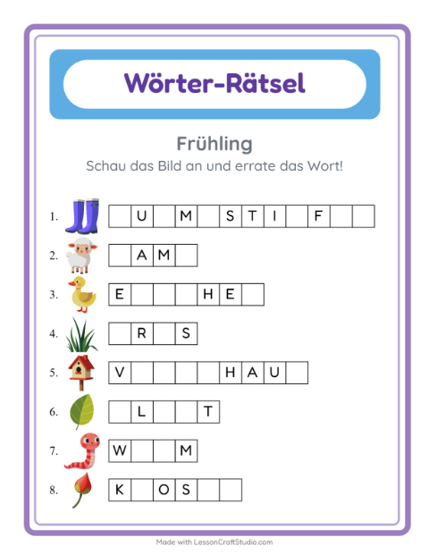 Vorschau: Wort raten-Arbeitsblatt mit Frühling für Kindergarten