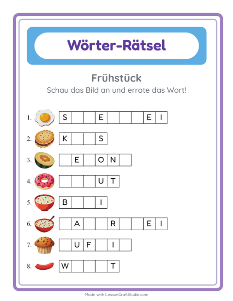 Vorschau: Wort raten-Arbeitsblatt mit Frühstück für Kindergarten