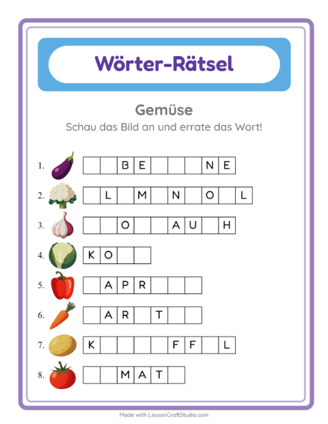 Vorschau: Wort raten-Arbeitsblatt mit Gemüse für Kindergarten