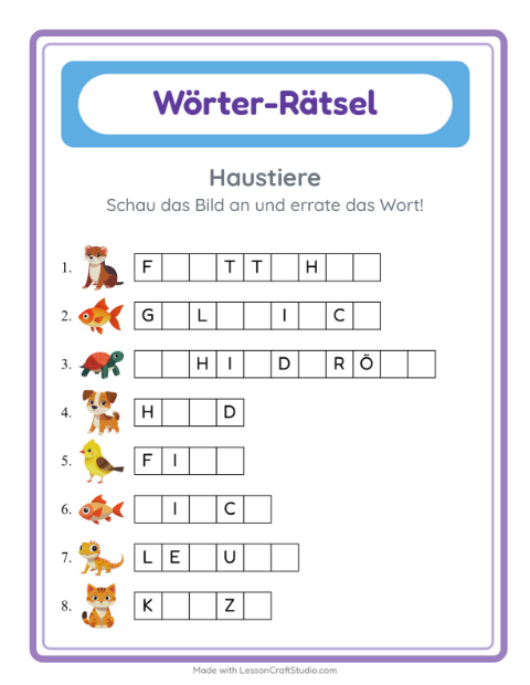 Vorschau: Lückenwörter schreiben mit Katzen, Hunden und Kaninchen – Arbeitsblatt für die 1. Klasse