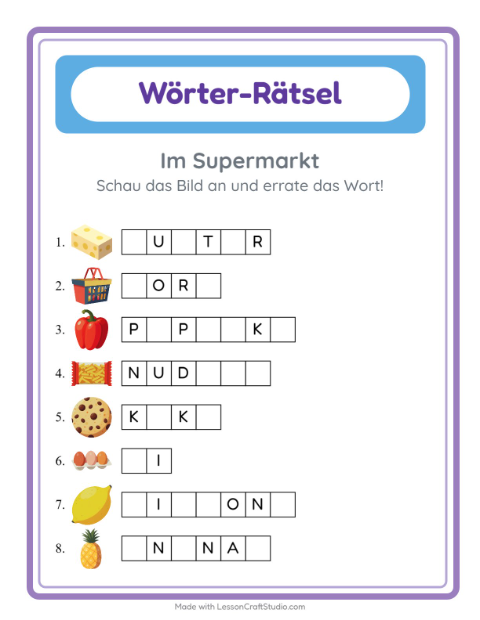 Vorschau: Wort raten-Arbeitsblatt mit Im Supermarkt für Kindergarten