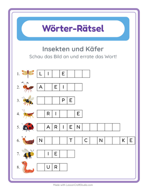 Lückenwörter schreiben – Insekten und Käfer