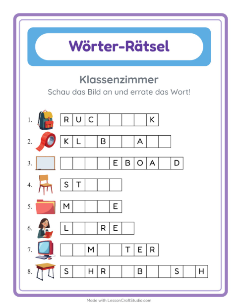 Vorschau: Wort raten-Arbeitsblatt mit Klassenzimmer für Kindergarten
