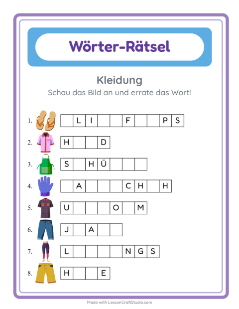 Vorschau: Wort raten-Arbeitsblatt mit Kleidung für Kindergarten