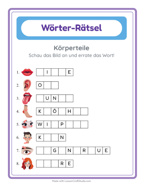 Lückenwörter schreiben – Körperteile