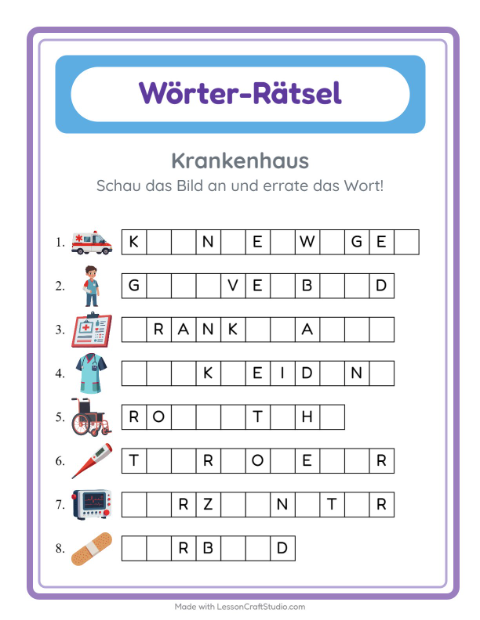 Vorschau: Wort raten-Arbeitsblatt mit Krankenhaus für Kindergarten