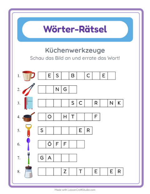 Lückenwörter schreiben – Küchenwerkzeuge