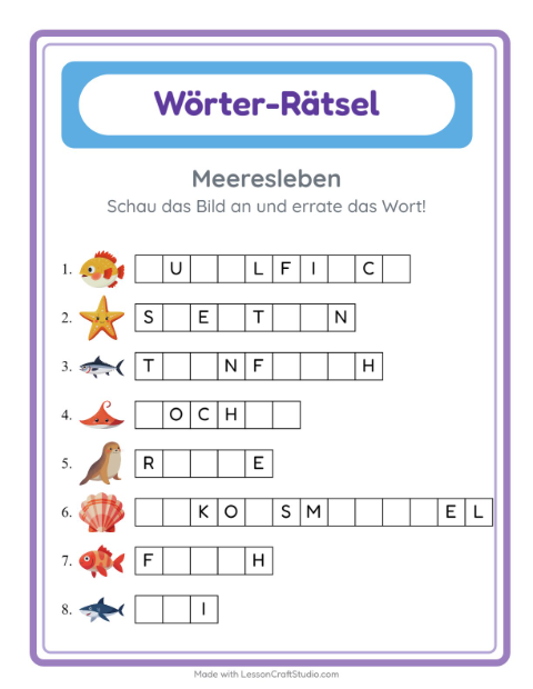 Vorschau: Wort raten-Arbeitsblatt mit Meeresleben für Kindergarten