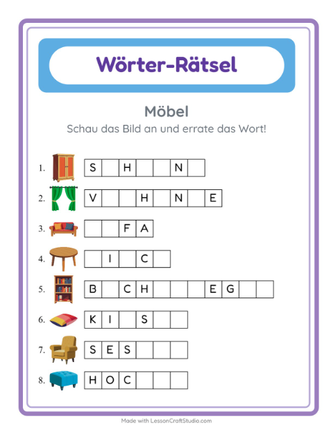 Lückenwörter schreiben – Möbel