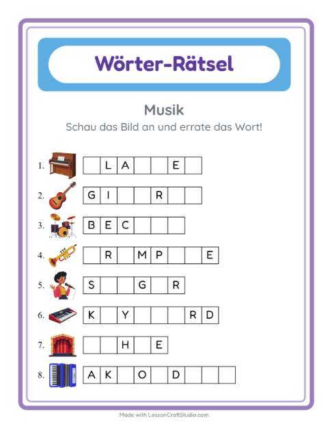 Vorschau: Wort raten-Arbeitsblatt mit Musik für Kindergarten