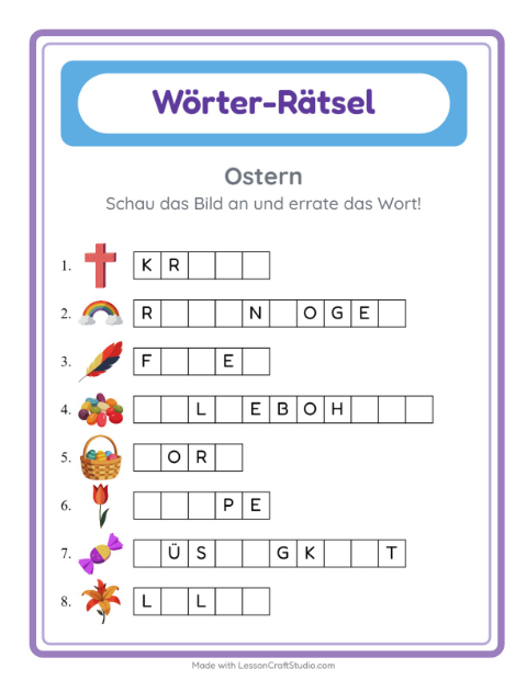 Vorschau: Wort raten-Arbeitsblatt mit Ostern für Kindergarten