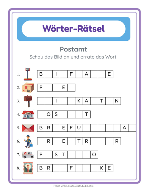Vorschau: Wort raten-Arbeitsblatt mit Postamt für Kindergarten