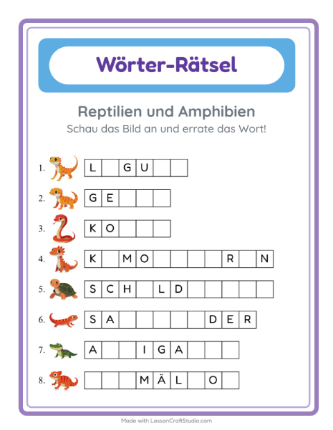 Lückenwörter schreiben – Reptilien und Amphibien