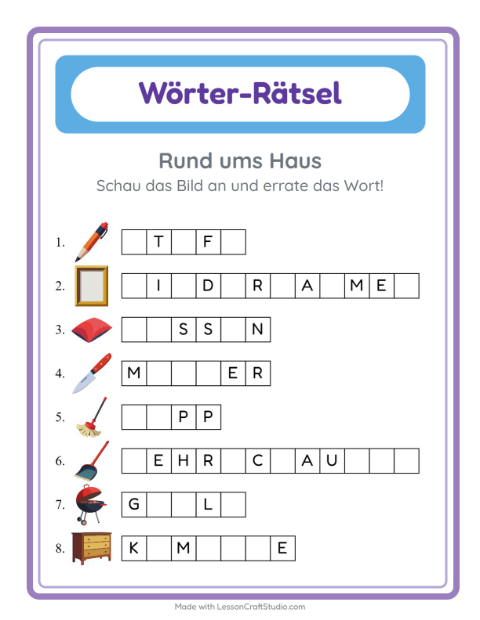 Vorschau: Wort raten-Arbeitsblatt mit Rund ums Haus für Kindergarten