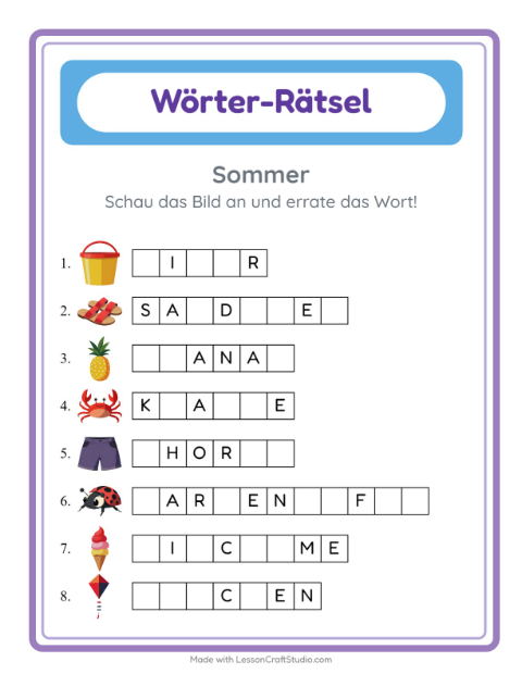 Vorschau: Wort raten-Arbeitsblatt mit Sommer für Kindergarten