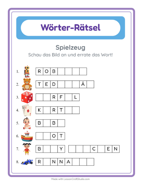 Vorschau: Lückenwörter schreiben mit Bällen, Puppen und Robotern – Arbeitsblatt für die 1. Klasse