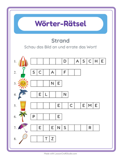Vorschau: Wort raten-Arbeitsblatt mit Strand für Kindergarten
