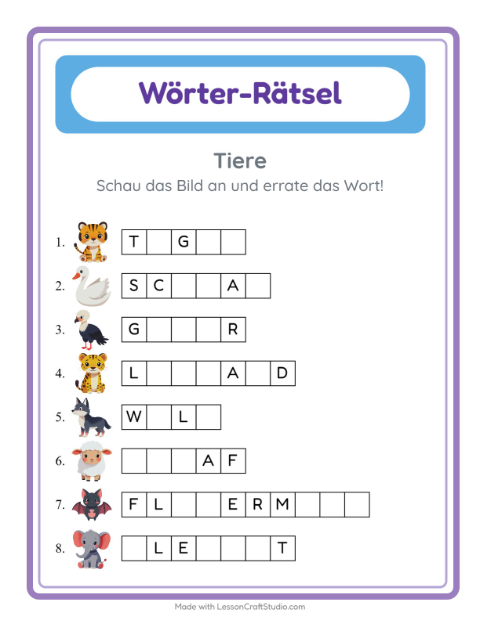Vorschau: Wort raten-Arbeitsblatt mit Tiere für Kindergarten