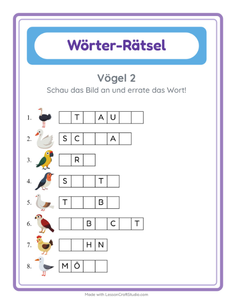 Vorschau: Wort raten-Arbeitsblatt mit Vögel 2 für Kindergarten