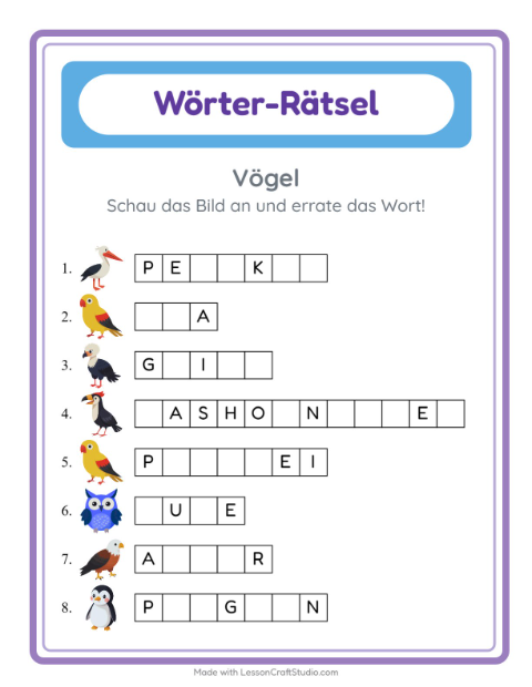 Vorschau: Wort raten-Arbeitsblatt mit Vögel für Kindergarten