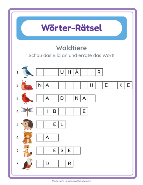 Lückenwörter schreiben – Waldtiere
