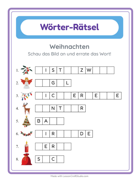 Vorschau: Wort raten-Arbeitsblatt mit Weihnachten für Kindergarten