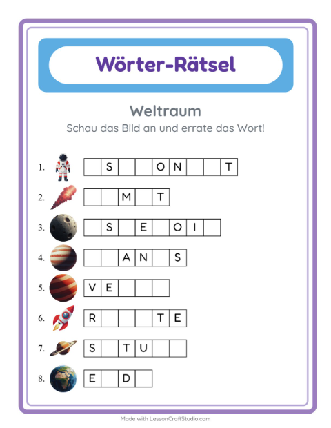 Vorschau: Wort raten-Arbeitsblatt mit Weltraum für Kindergarten