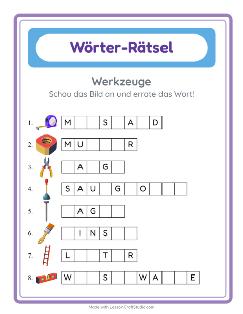 Vorschau: Wort raten-Arbeitsblatt mit Werkzeuge für Kindergarten