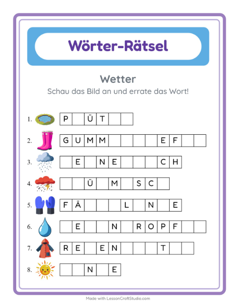 Vorschau: Wort raten-Arbeitsblatt mit Wetter für Kindergarten