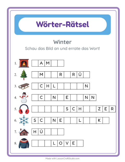 Vorschau: Wort raten-Arbeitsblatt mit Winter für Kindergarten