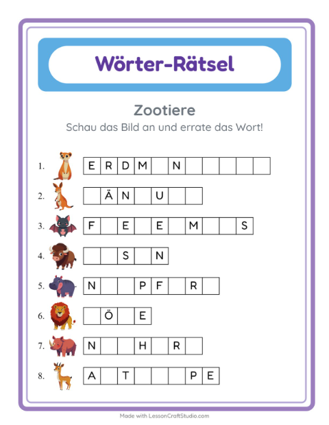 Vorschau: Wort raten-Arbeitsblatt mit Zootiere für Kindergarten