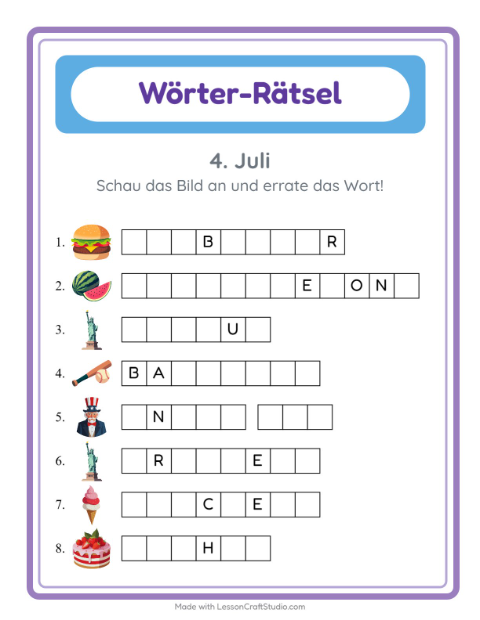 Vorschau: Wort raten-Arbeitsblatt mit 4. Juli für Kindergarten
