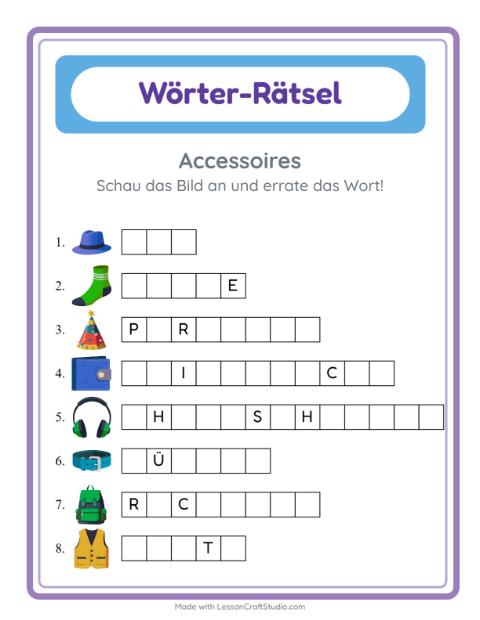 Vorschau: Wort raten-Arbeitsblatt mit Accessoires für Kindergarten