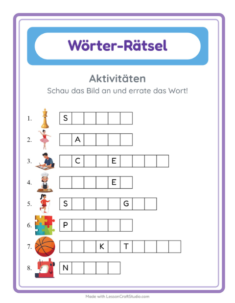 Vorschau: Wort raten-Arbeitsblatt mit Aktivitäten für Kindergarten