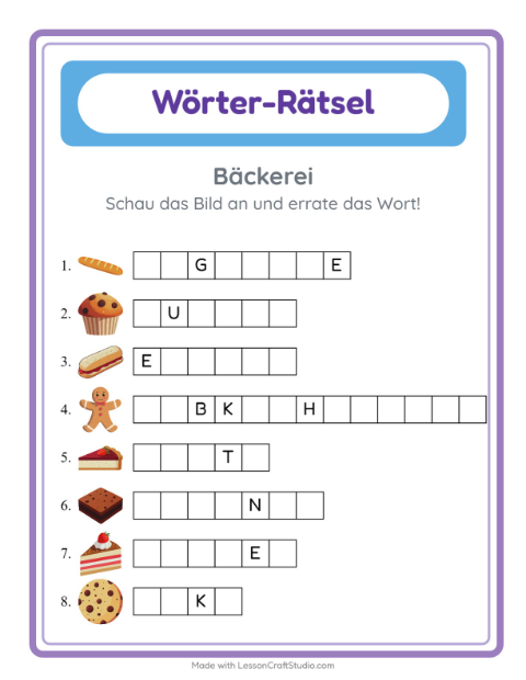 Vorschau: Wort raten-Arbeitsblatt mit Bäckerei für Kindergarten