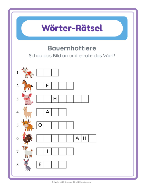 Vorschau: Wort raten-Arbeitsblatt mit Bauernhoftiere für Kindergarten