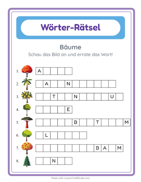 Vorschau: Wort raten-Arbeitsblatt mit Bäume für Kindergarten